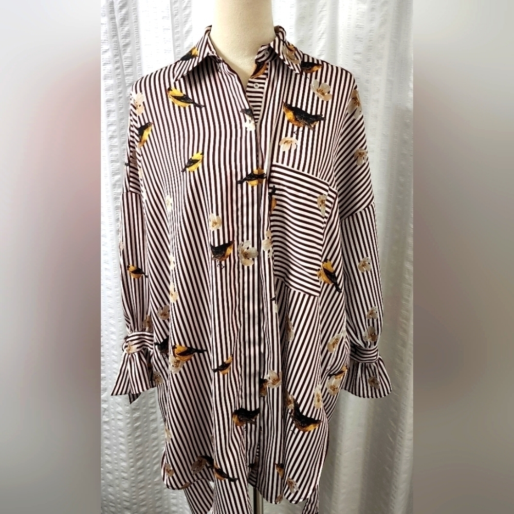 Zara Brown and White Striped Button-Down Shirt with Yellow Bird Print